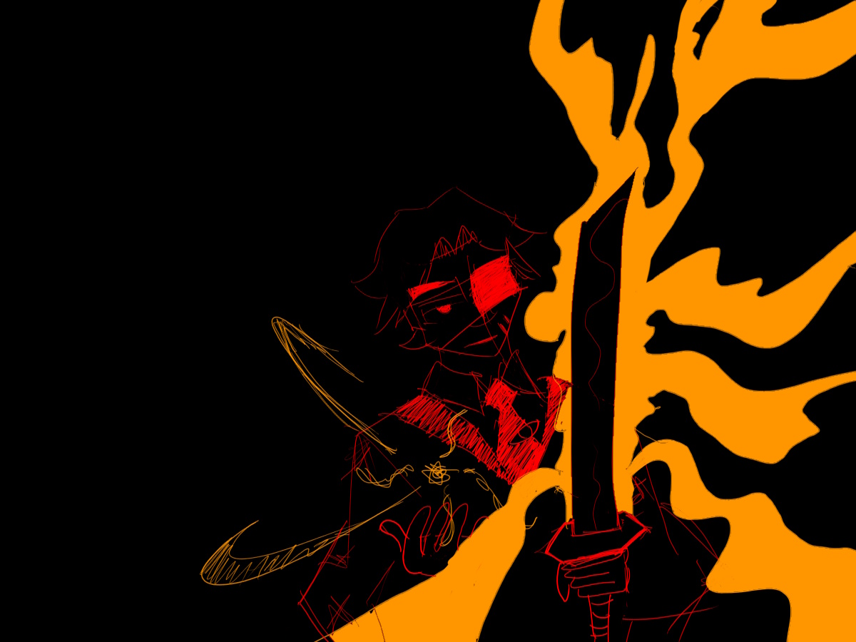 sketch of Kiva wielding a sword against flames