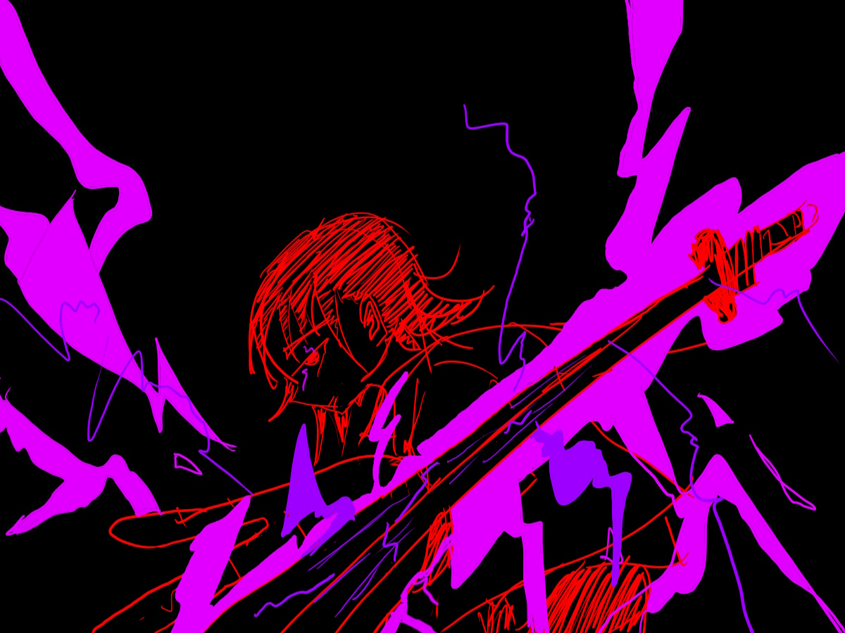 sketch of Liason with a sword against flames